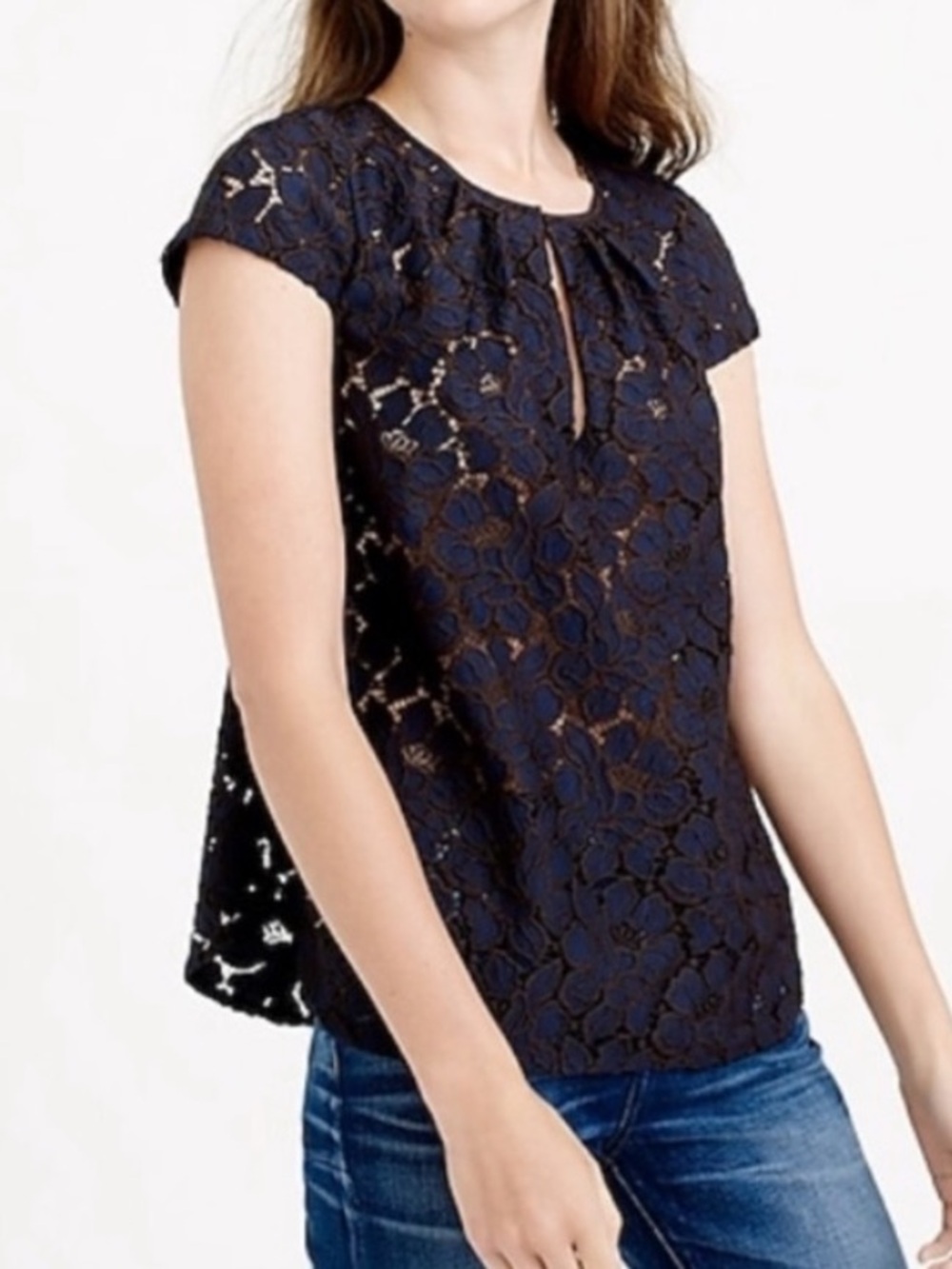 J. Crew Navy Floral Lace Cap-Sleeve Blouse size 0 new